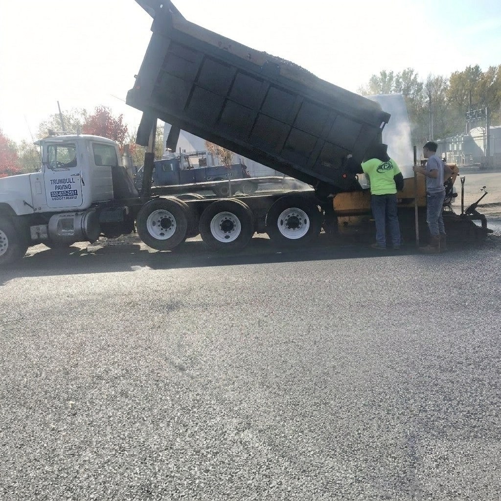 Dump truck feeding asphalt paver with paving crew on a large job site